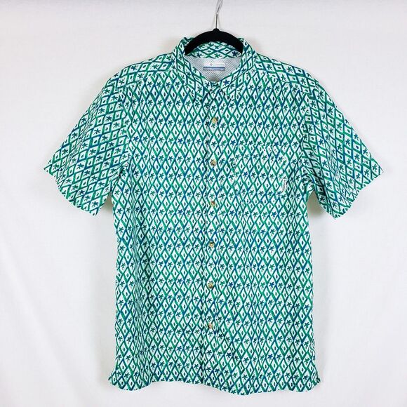 Columbia PFG Mens S Green Super Slack Tide Camp Shirt Palm Tree Fishing UPF - Picture 1 of 9